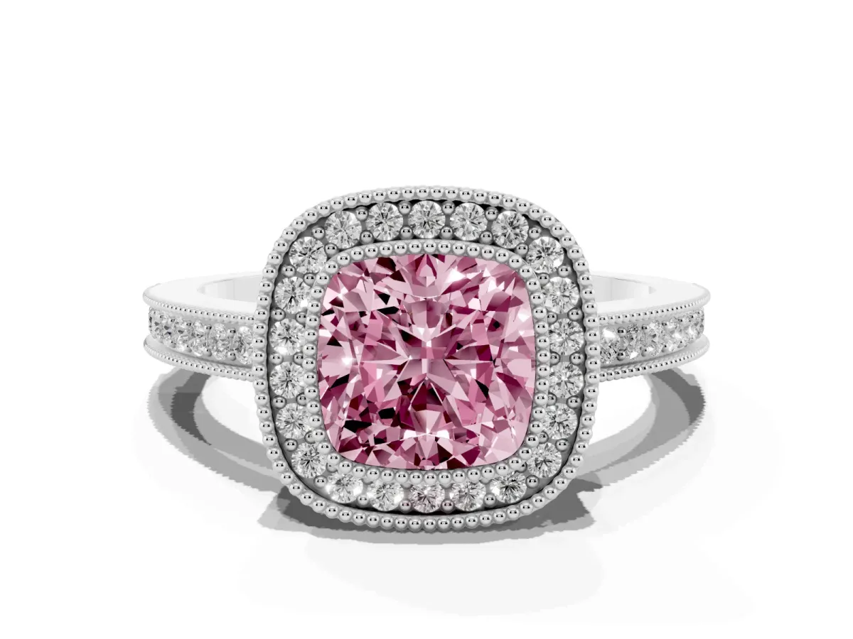Fancy Pink Cushion Cut Cut Halo Diamond Ring with Pavé Band and Milgrain Prong Setting Platinum