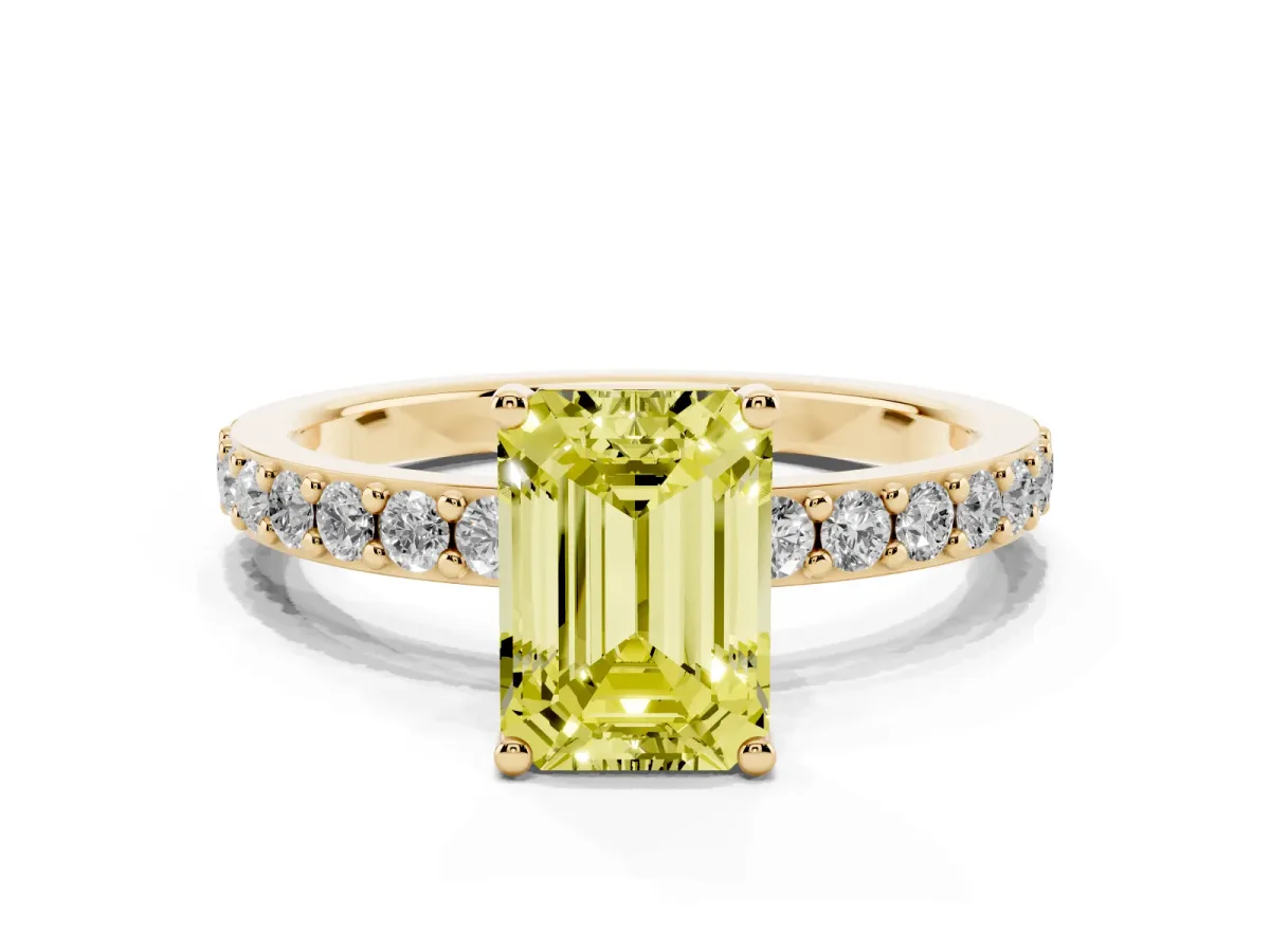 Fancy Yellow Emerald Cut Cut Diamond Solitaire with Pave Band and Four-Prong Setting Yellow gold
