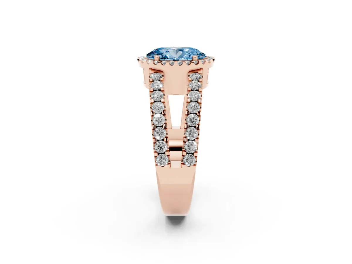 Fancy Blue Oval Cut Cut Halo Split Shank Diamond Ring with Four-Prong Setting Rose gold