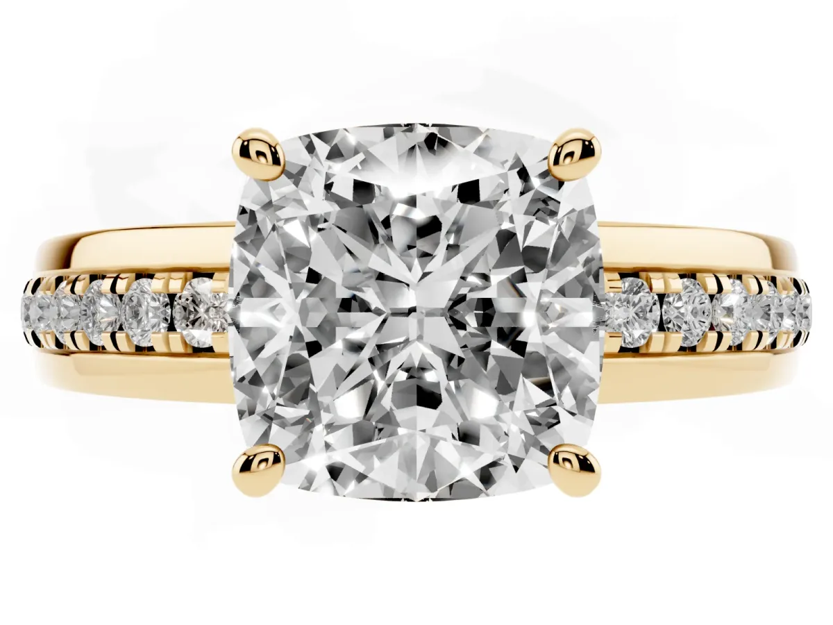Cushion Cut Solitaire Diamond Ring with Channel Set Band and Six-Prong Setting Yellow gold