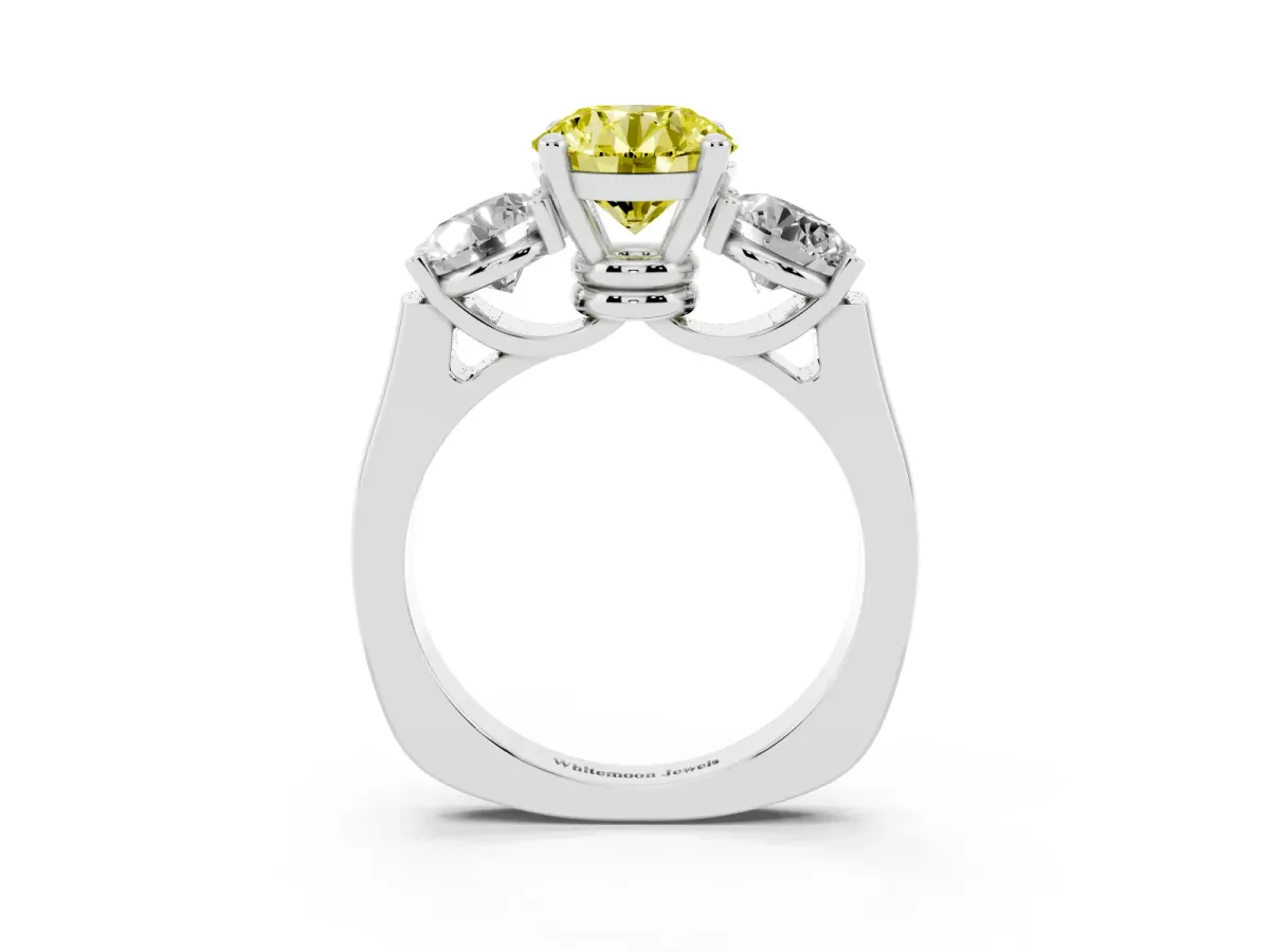 Fancy Yellow Three-Stone Round Cut Brilliant Diamond Trellis Ring with Comfort Fit Band Silver