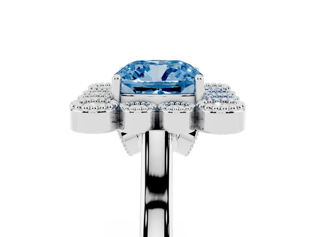 Fancy Blue Cushion Cut Halo Diamond Cluster Engagement Ring with Milgrain Bezel Setting and Solitaire Band White gold