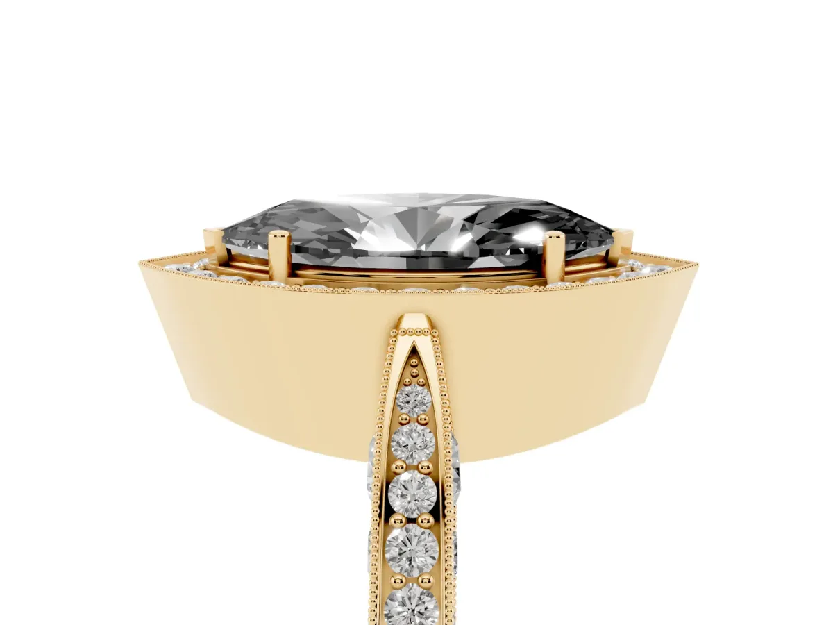 Fancy Black Marquise Cut Halo Diamond Engagement Ring with Split Shank Band and Four-Prong Setting Yellow gold