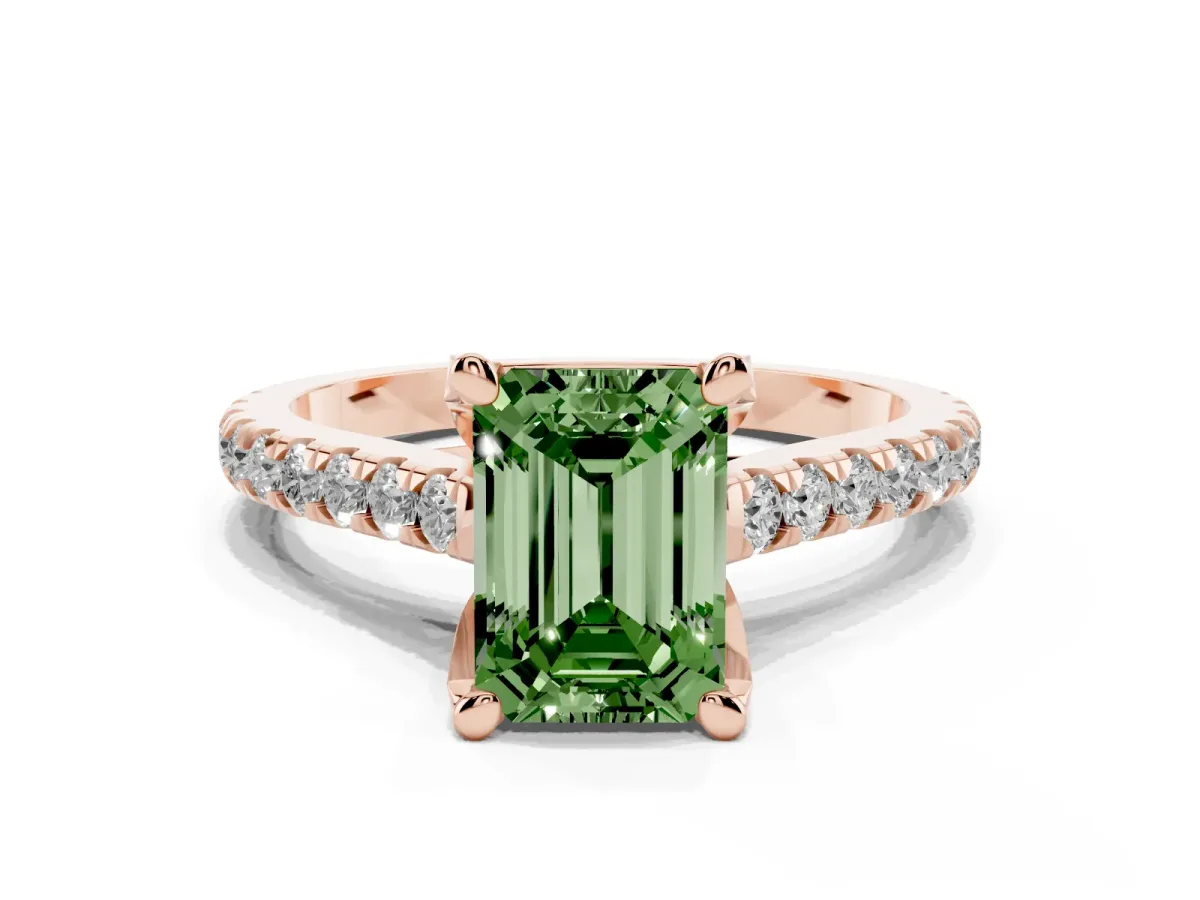 Fancy Green Emerald Cut Brilliant Diamond Solitaire with Pavé Band and Four-Prong Setting Rose gold