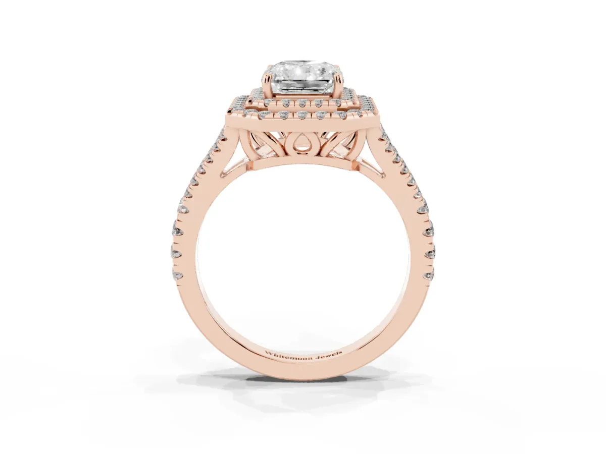 Radiant Cut Diamond Double Halo Ring with Pavé Band and Prong Setting Rose gold