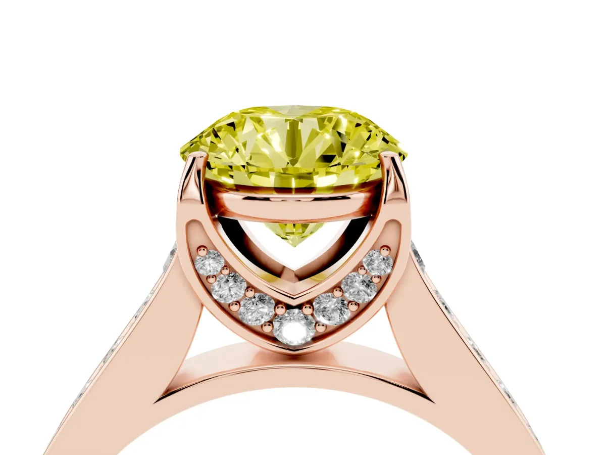 Fancy Yellow Round Cut Brilliant Cut Diamond Engagement Ring with Pavé Band and Four-Prong Setting Rose gold