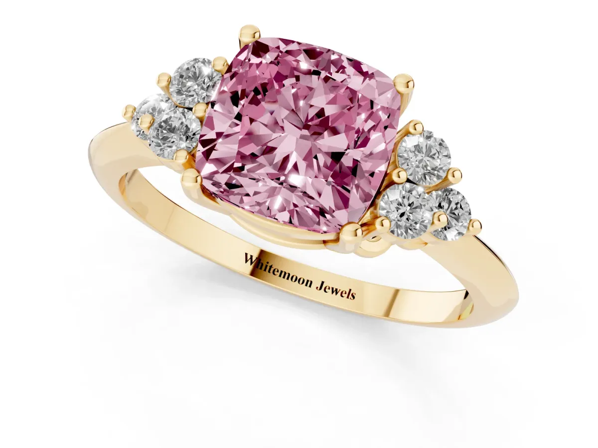 Fancy Pink Cushion Cut Cut Diamond Cluster Ring with Solitaire Band and Four-Prong Setting Yellow gold