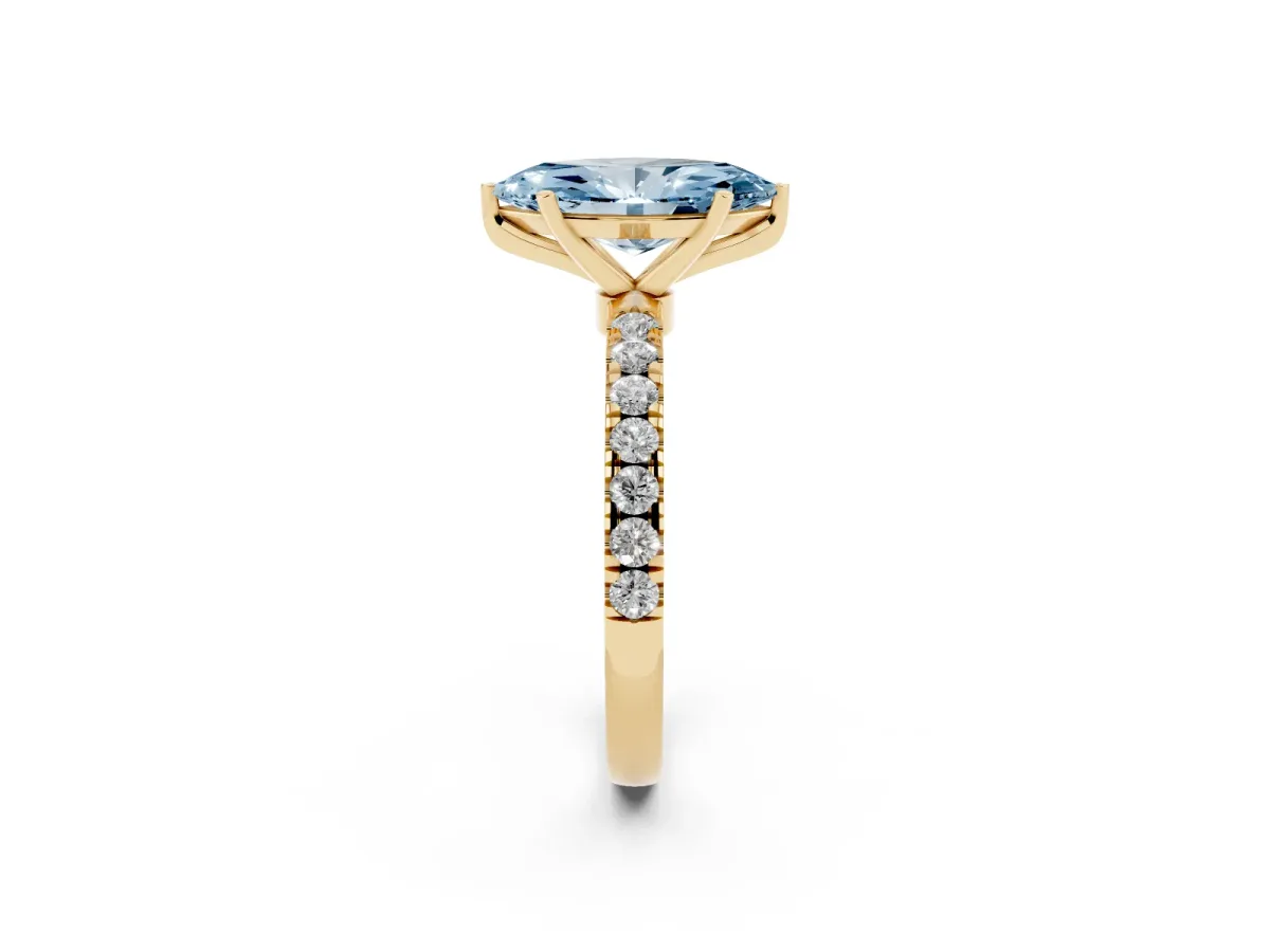Fancy Blue Marquise Cut Diamond Solitaire Ring with Pavé Accents and Four-Prong Setting Yellow gold