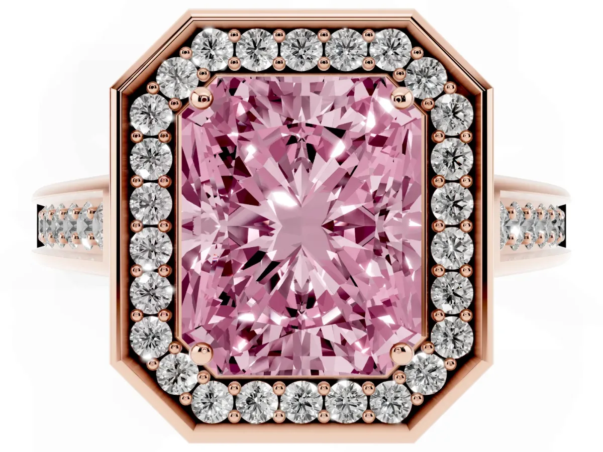 Fancy Pink Radiant Cut Halo Solitaire Diamond Ring with Pave Band and Bezel Setting Rose gold