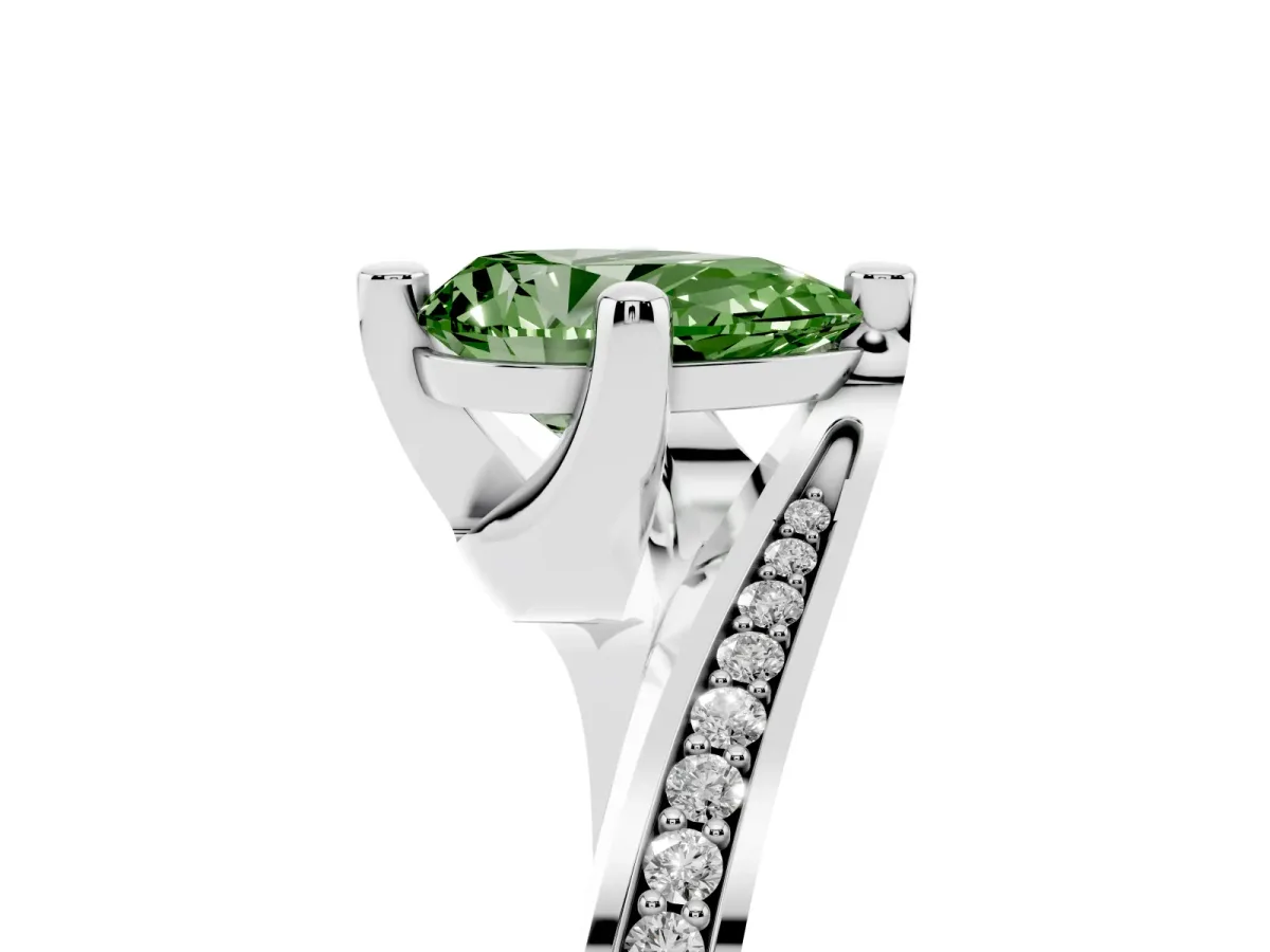 Fancy Green Pear Cut Solitaire Diamond Twist Band with Pavé Setting and Four-Prong Setting Silver