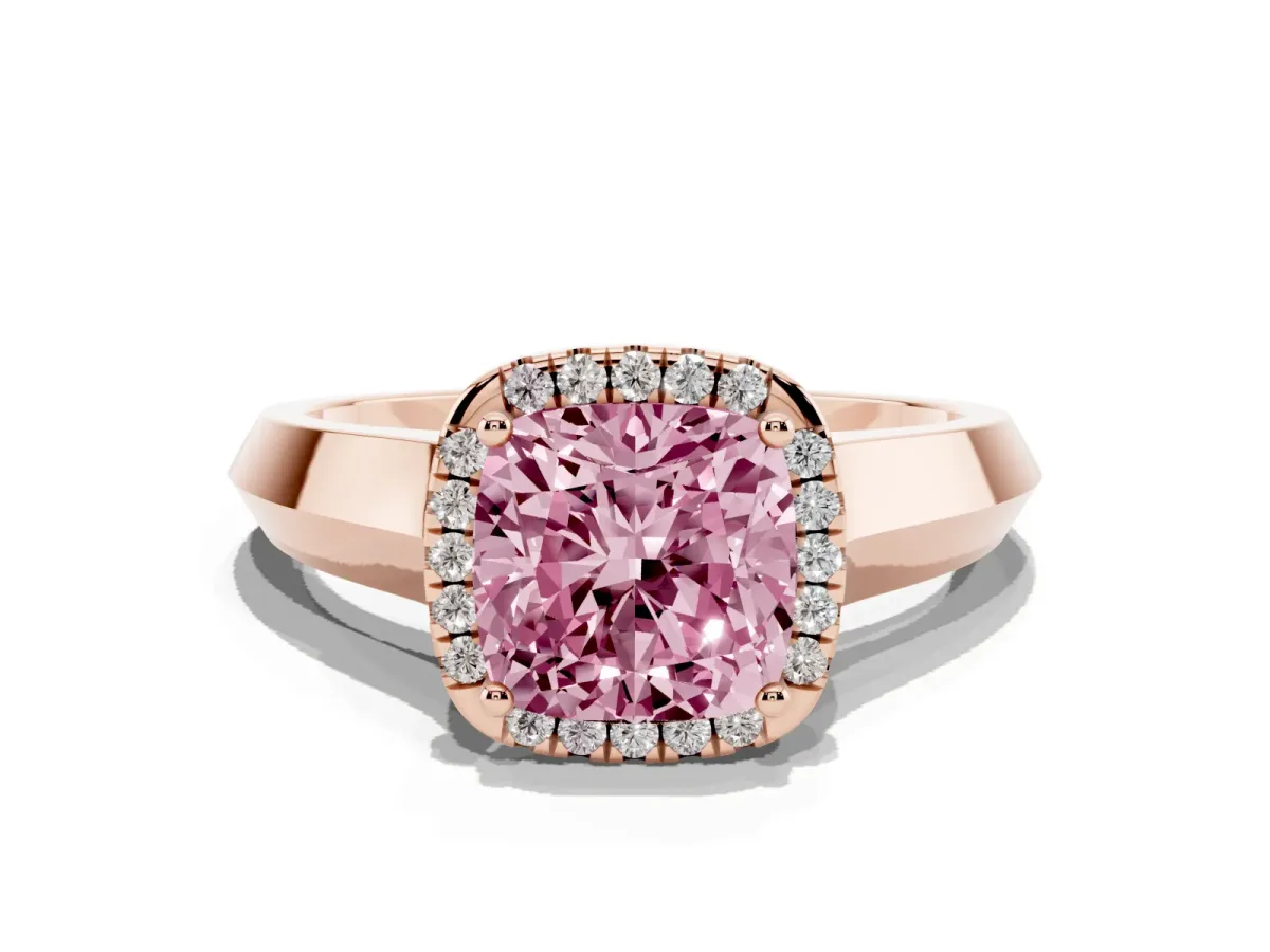 Fancy Pink Cushion Cut Halo Diamond Ring with Cathedral Band and Four-Prong Setting Rose gold