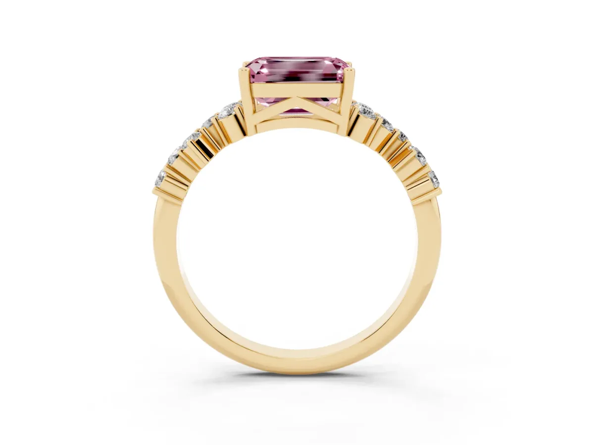 Fancy Pink Emerald Cut Diamond Scattered Round Accent Ring with Prong Setting Yellow gold
