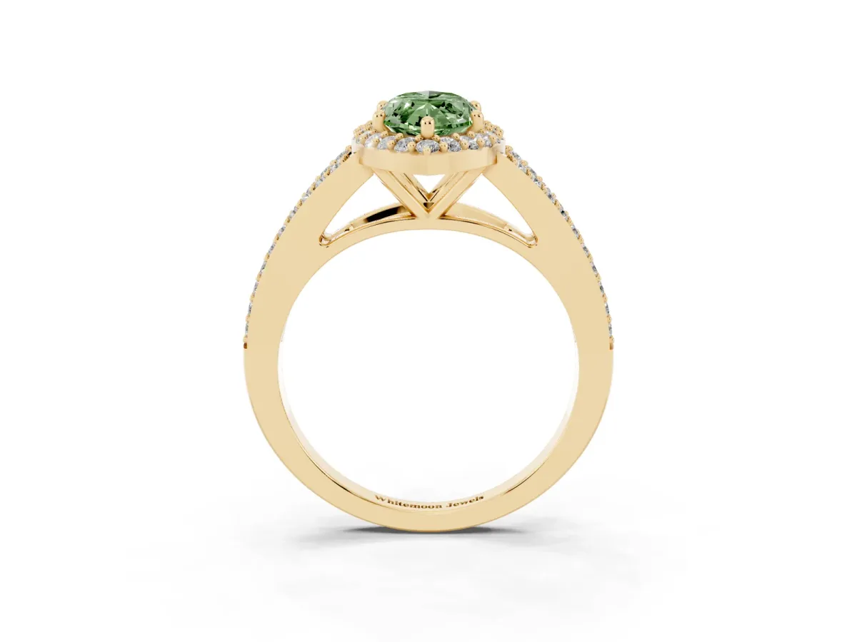 Fancy Green Marquise Cut Halo Split Shank Pave Diamond Ring with Four-Prong Setting Yellow gold