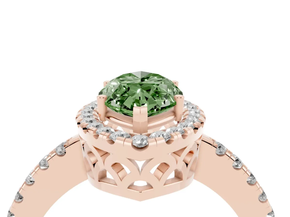 Fancy Green Marquise Cut Halo Diamond Engagement Ring with Pavé Band and Four-Prong Setting Rose gold