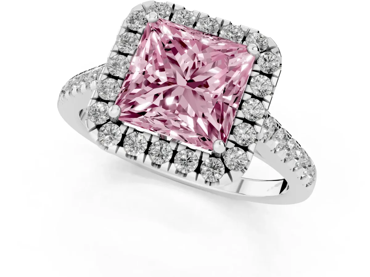 Fancy Pink Princess Cut Halo Pavé Diamond Engagement Ring with Four-Prong Setting Silver