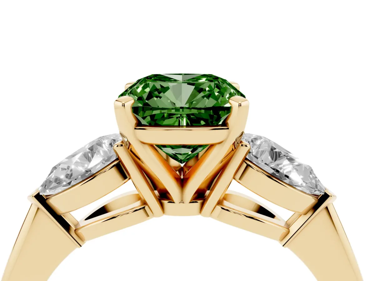 Fancy Green Three-Stone Cushion Cut Diamond Ring with Pear Side Stones and Four-Prong Setting Yellow gold