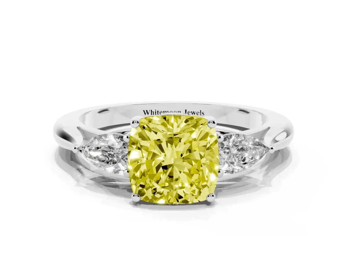 Fancy Yellow Cushion Cut Diamond Three-Stone Ring with Pear Side Stones and Prong Setting Platinum