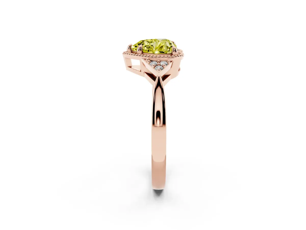 Fancy Yellow Hexagonal Halo Heart Cut Diamond Solitaire with Pavé Band and Four-Prong Setting Rose gold