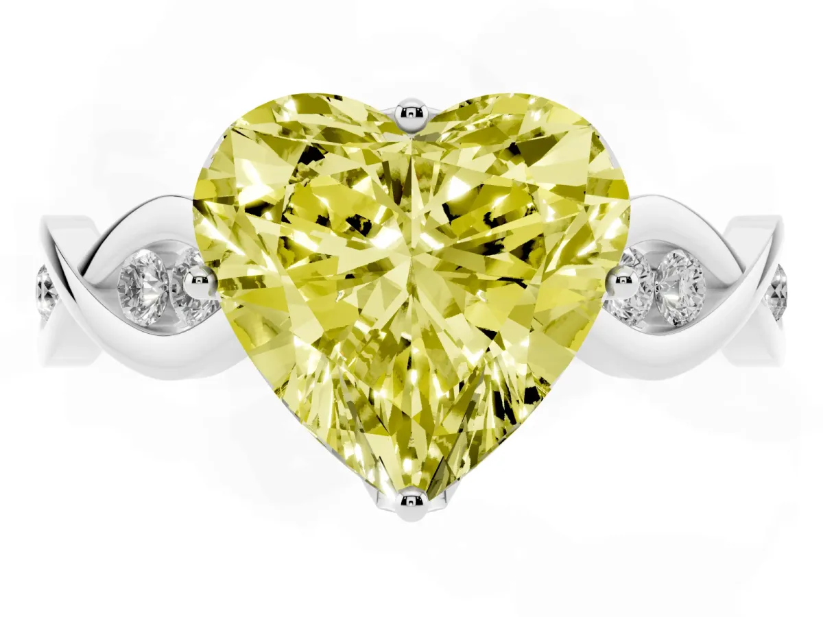 Fancy Yellow Heart Cut Solitaire Twist Band with Leaf Prong Setting White gold