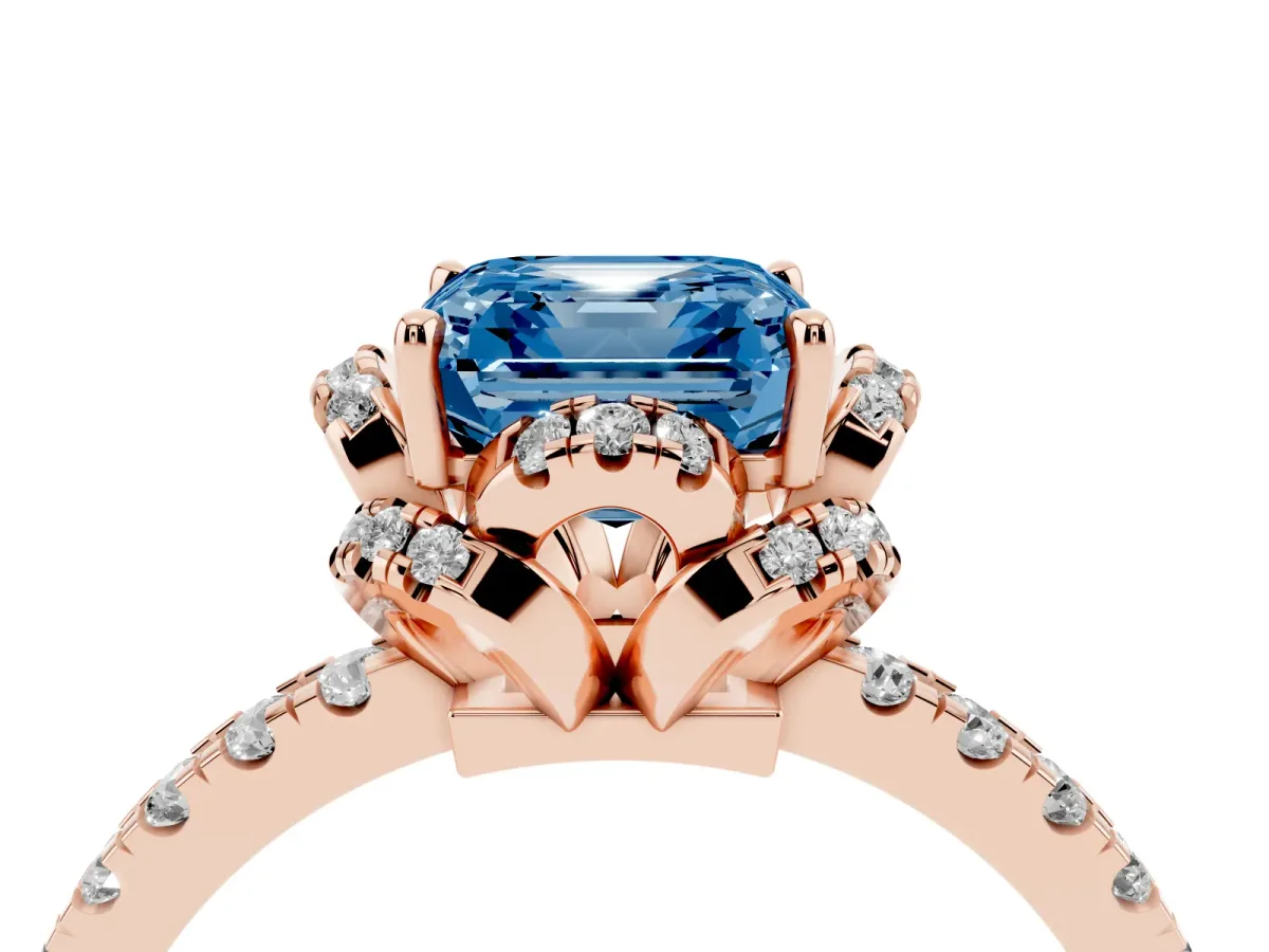Fancy Blue Asscher Cut Diamond Halo Pave Band with Four-Prong Setting Rose gold