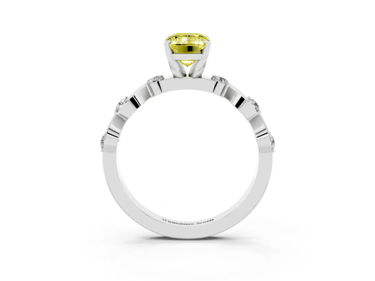 Fancy Yellow Emerald Cut Diamond Solitaire Twisted Band with Round Accents and Prong Setting Silver