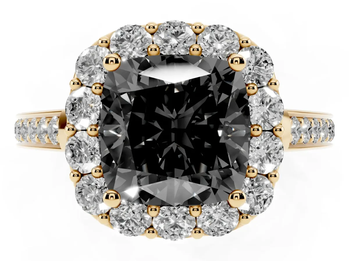 Fancy Black Cushion Cut Diamond Floral Halo Ring with Pavé Band and Prong Setting Yellow gold