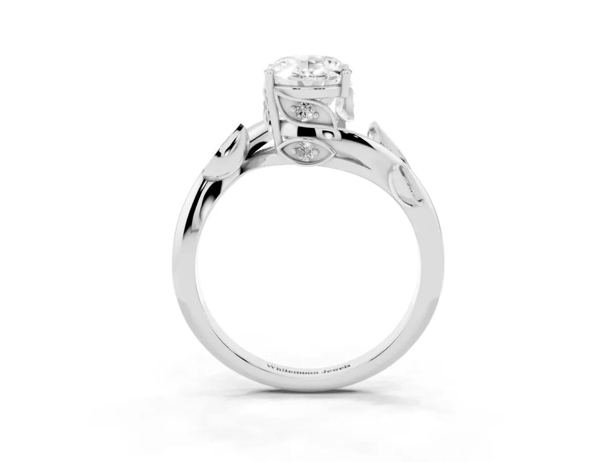 Oval Cut Solitaire Twist Engagement Ring with Leaf Accents and Prong Setting Silver