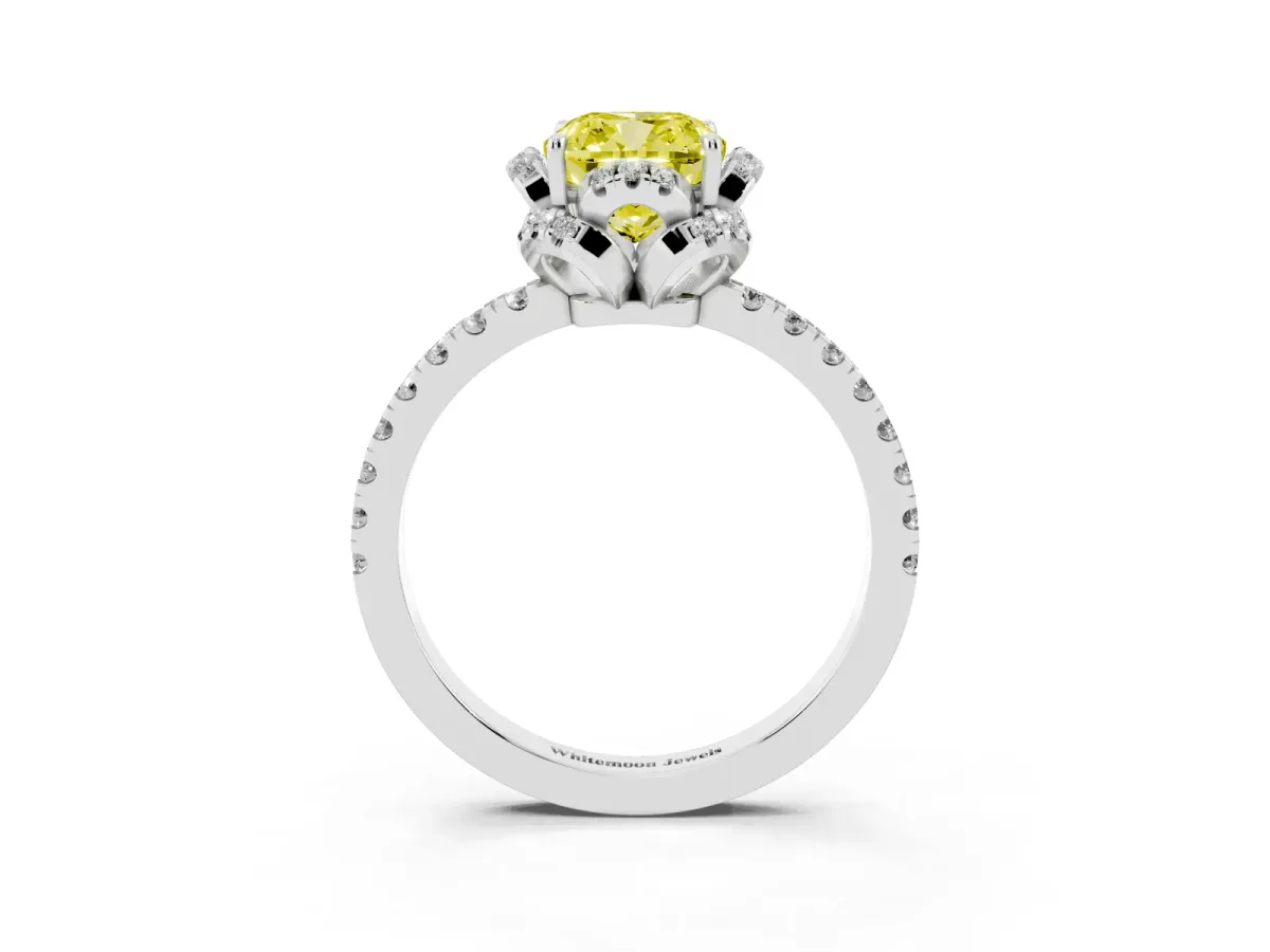 Fancy Yellow Cushion Cut Halo Diamond Pave Band Ring with Four-Prong Setting Silver