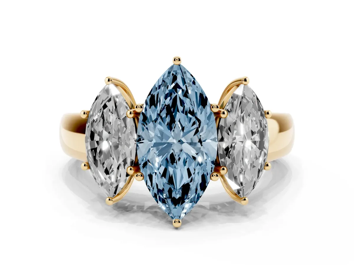 Fancy Blue Three-Stone Marquise Cut Cut Diamond Ring with Prong Setting and Classic Band Yellow gold