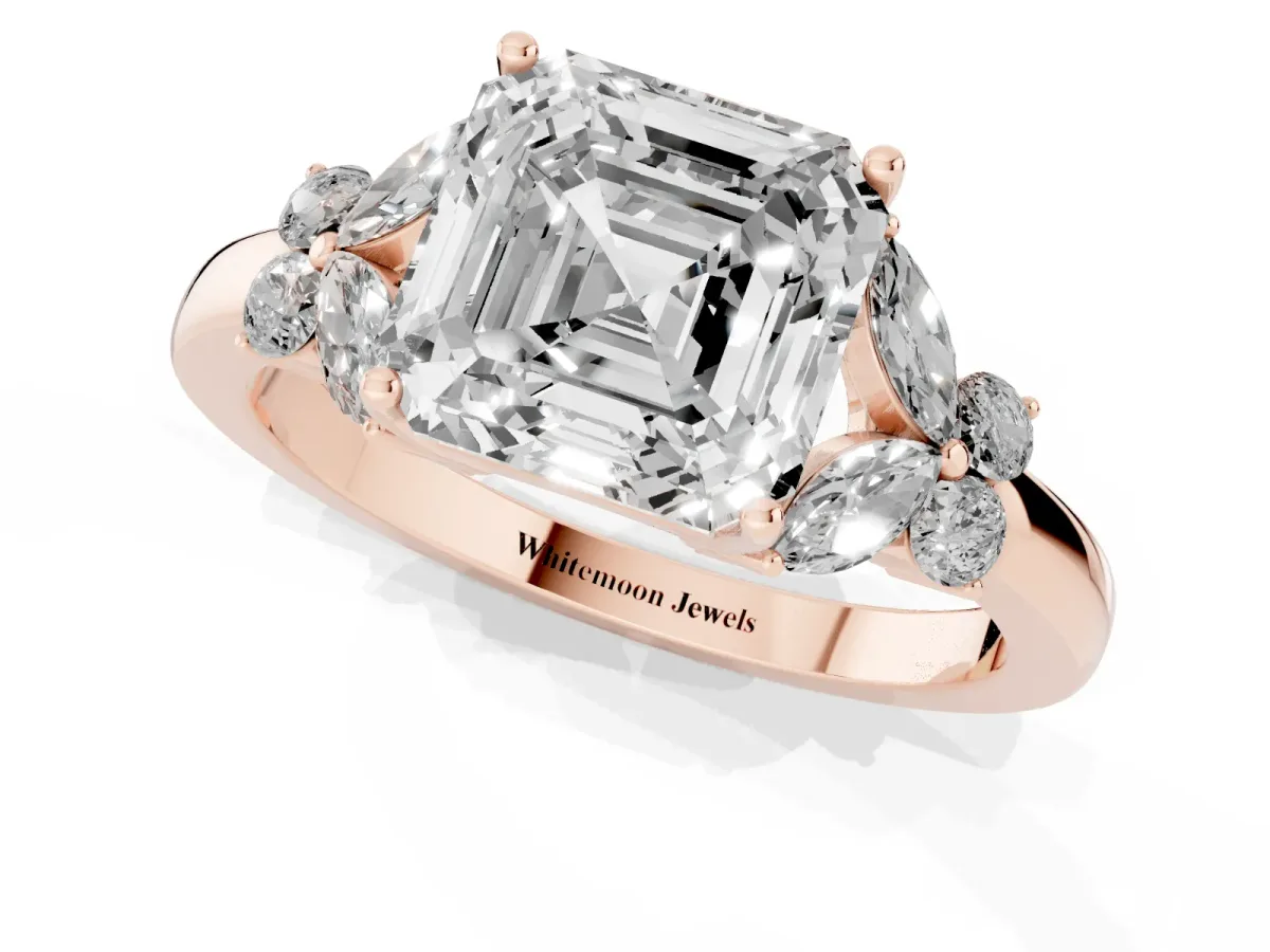 Asscher Cut Cut Solitaire Floral Diamond Ring with Four-Prong Setting Rose gold