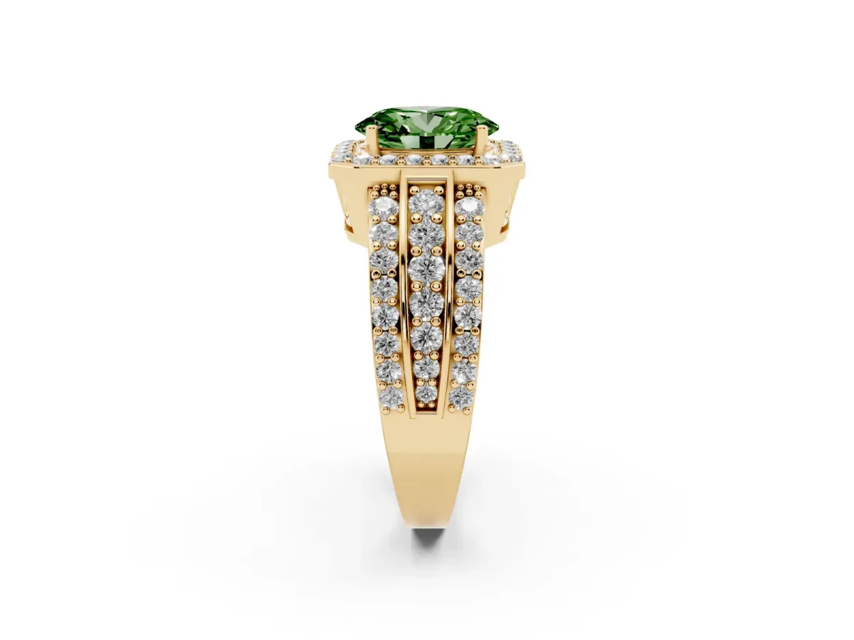 Fancy Green Oval Cut Halo Diamond Ring with Round Split Shank and Prong Setting Yellow gold