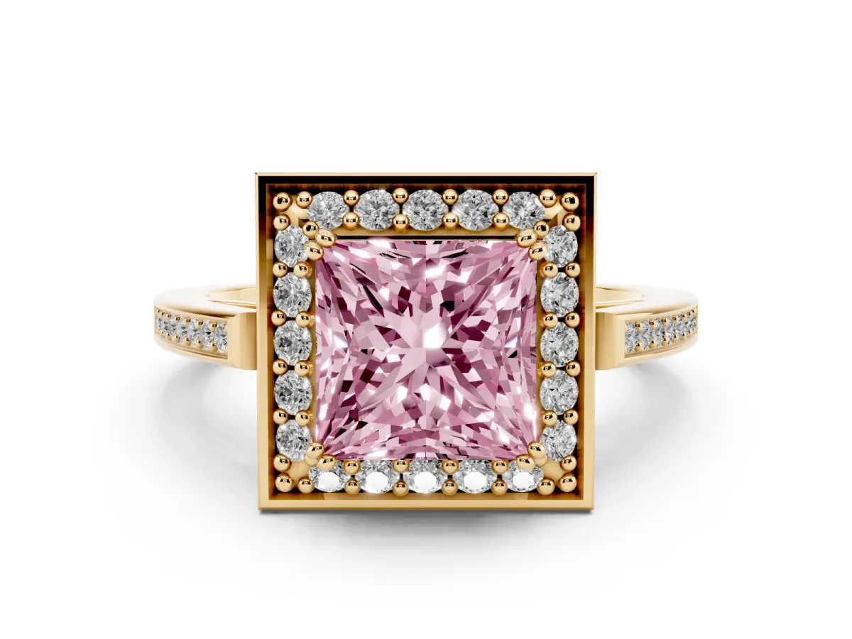 Fancy Pink Princess Cut Diamond Halo Ring with Split Shank and Four-Prong Setting Yellow gold