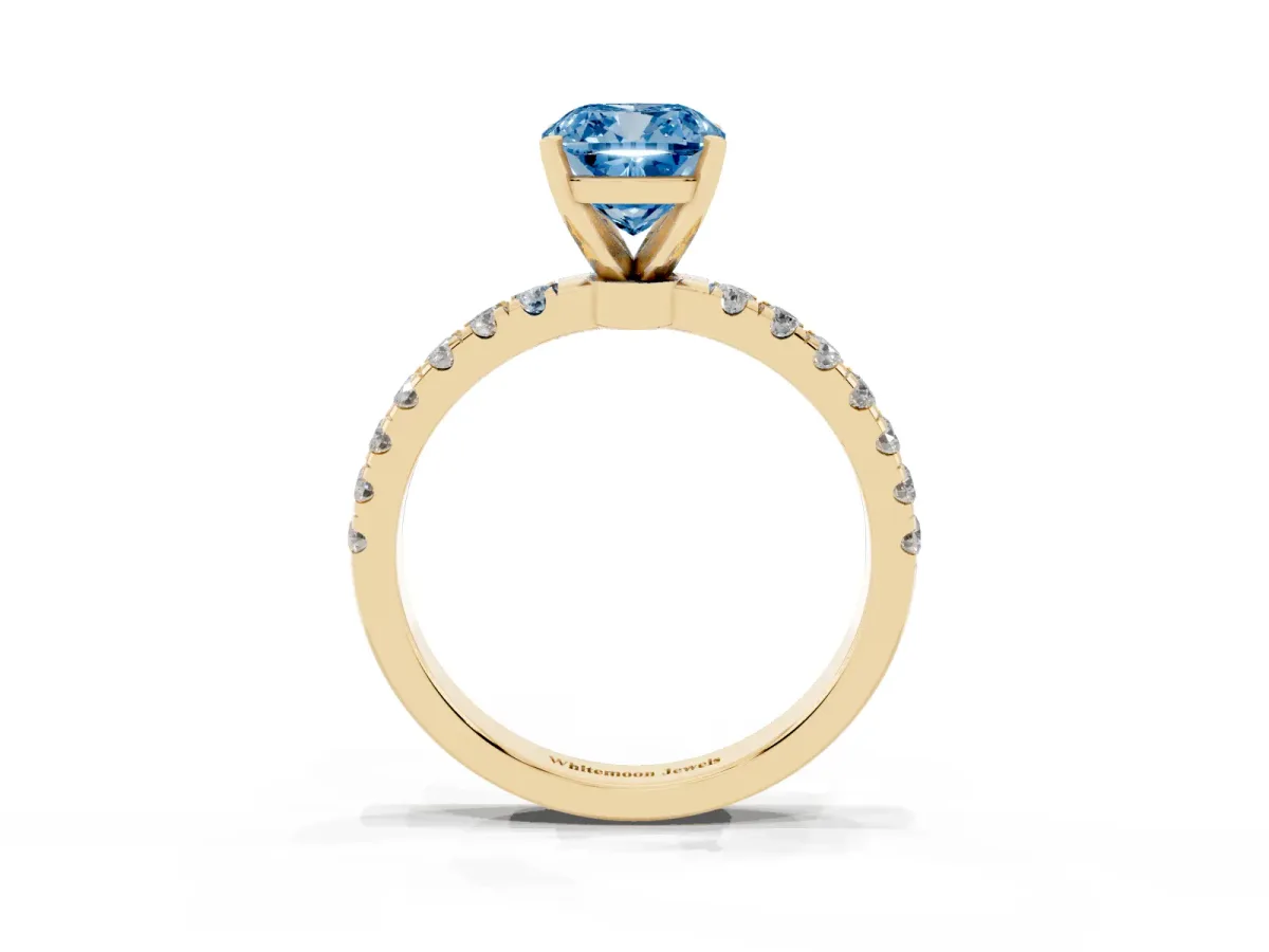 Fancy Blue Cushion Cut Diamond Solitaire Ring with Pavé Accents and Four-Prong Setting Yellow gold