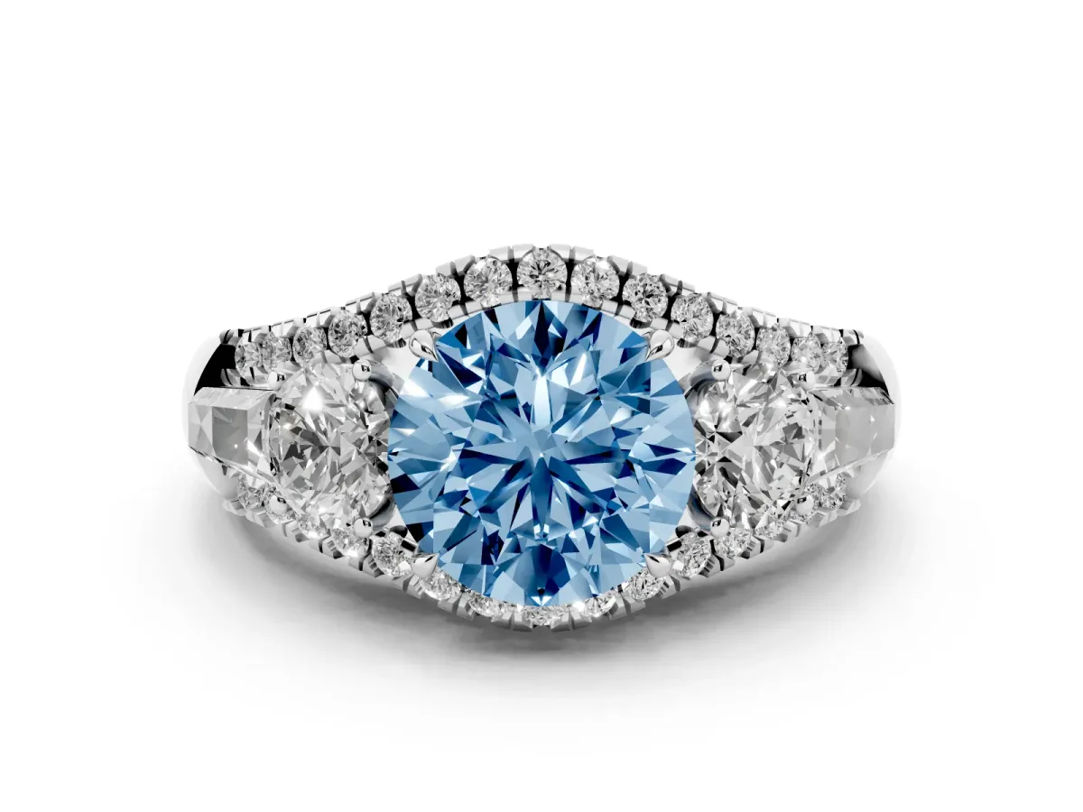Fancy Blue Three-Stone Round Cut Diamond Engagement Ring with Pave Band and Prong Setting Silver