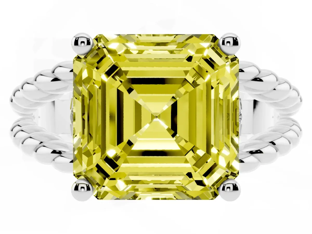 Fancy Yellow Asscher Cut Halo Twisted Band Four-Prong Ring Silver