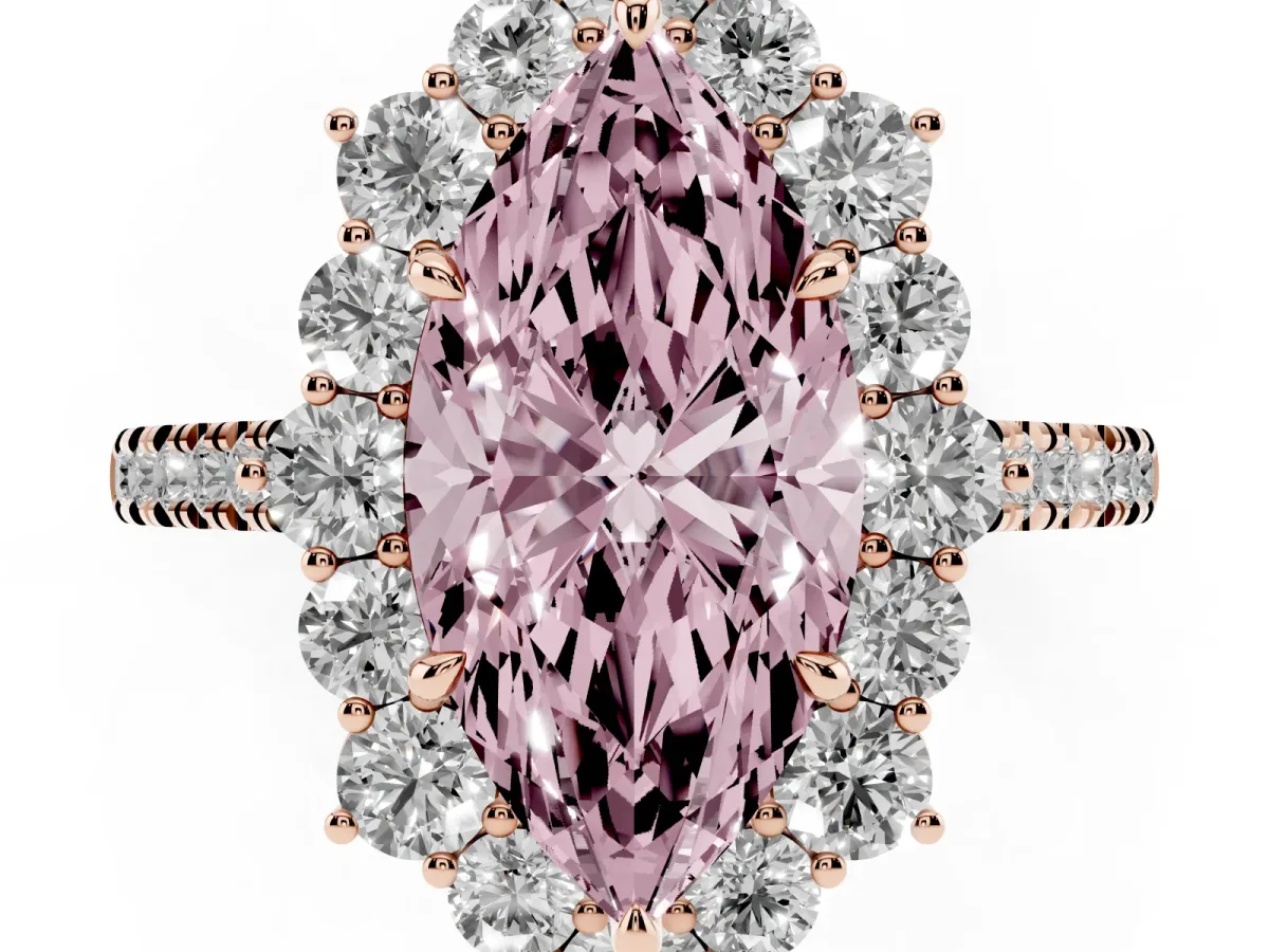 Fancy Pink Marquise Cut Halo Diamond Ring with Pavé Band and Prong Setting Rose gold