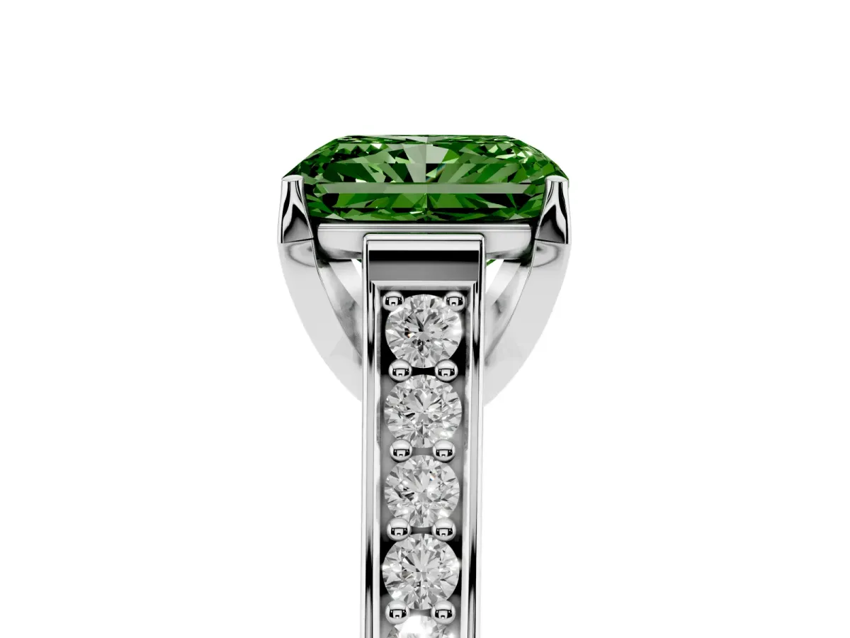 Fancy Green Radiant Cut Brilliant Cut Diamond Engagement Ring with Pavé Band and Four-Prong Setting Platinum