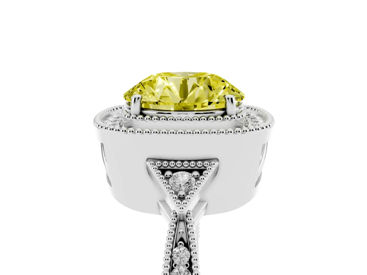 Fancy Yellow Round Cut Halo Round Diamond Milgrain Pave Engagement Ring Silver