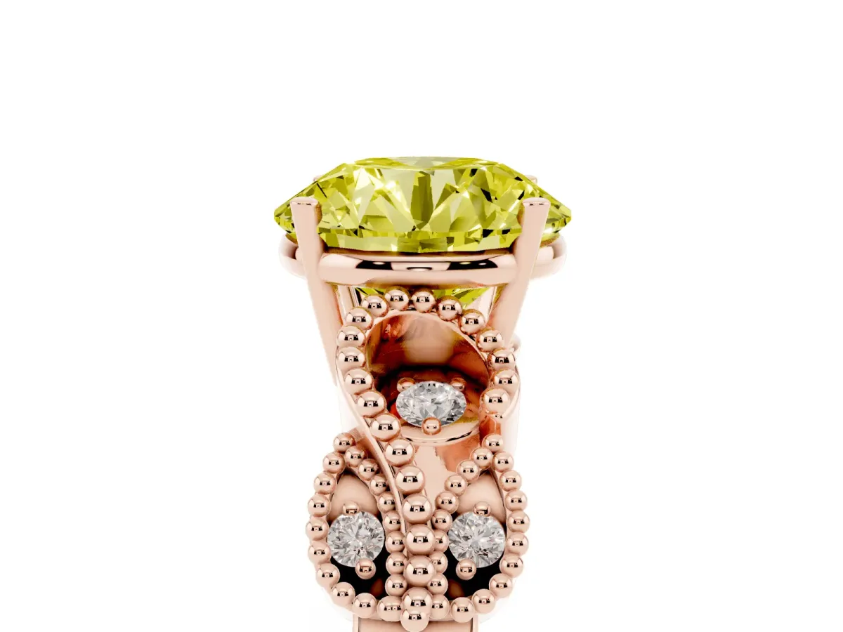 Fancy Yellow Round Cut Solitaire Milgrain Leaf Band with Prong Setting Rose gold