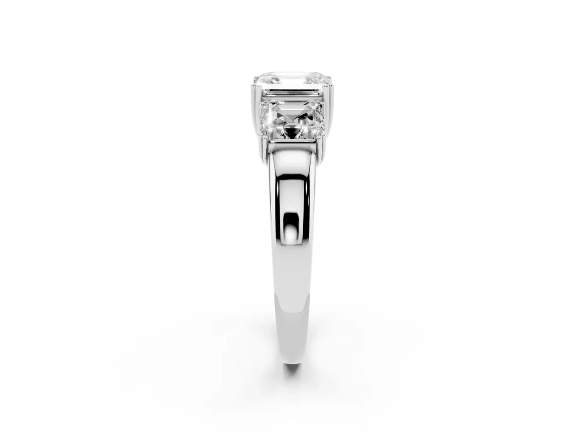 Three-Stone Asscher Cut Cut Diamond Ring with Channel Set Band and Four-Prong Setting Silver