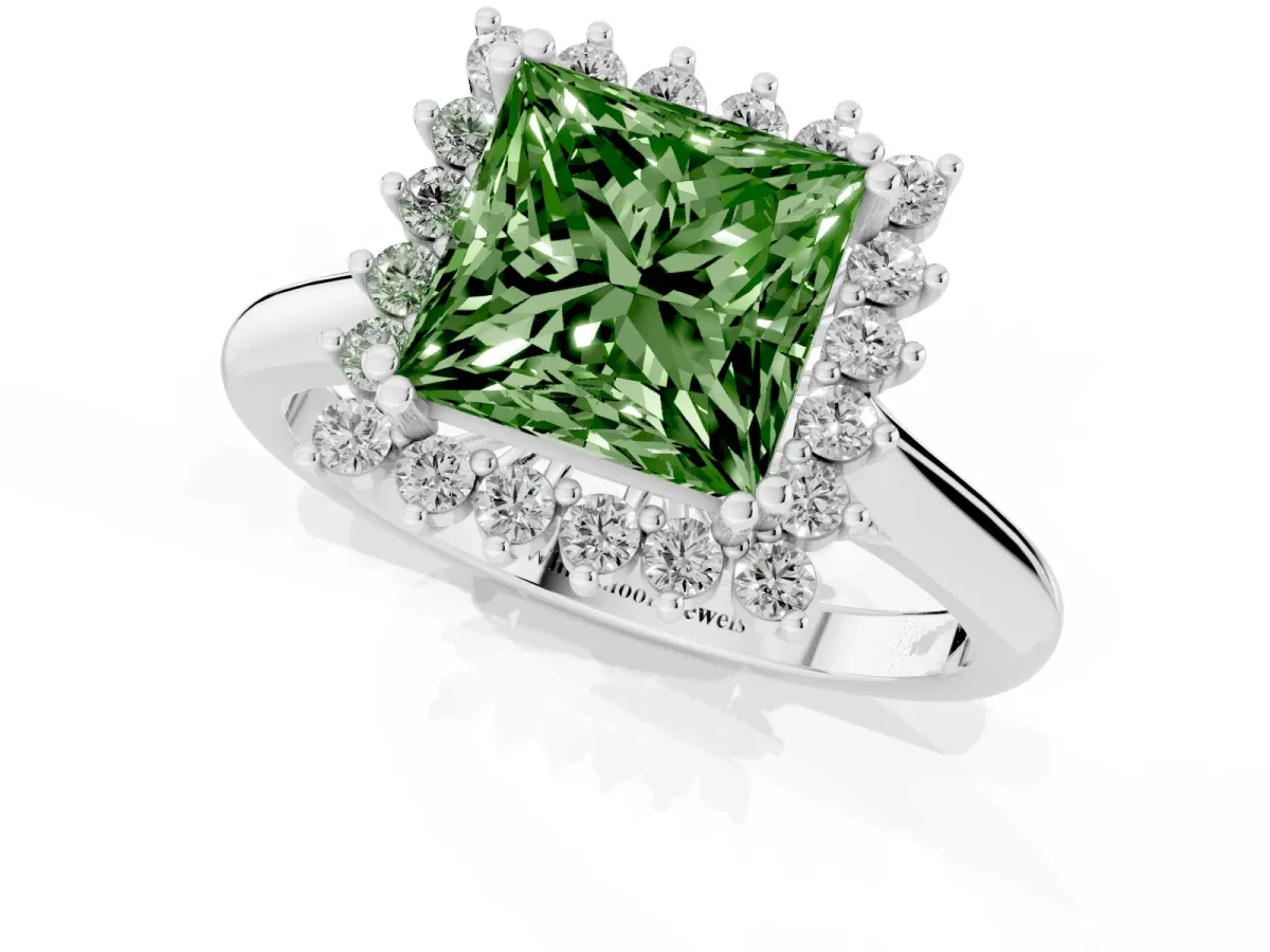 Fancy Green Princess Cut Cut Diamond Halo Ring with Solitaire Band and Prong Setting Silver