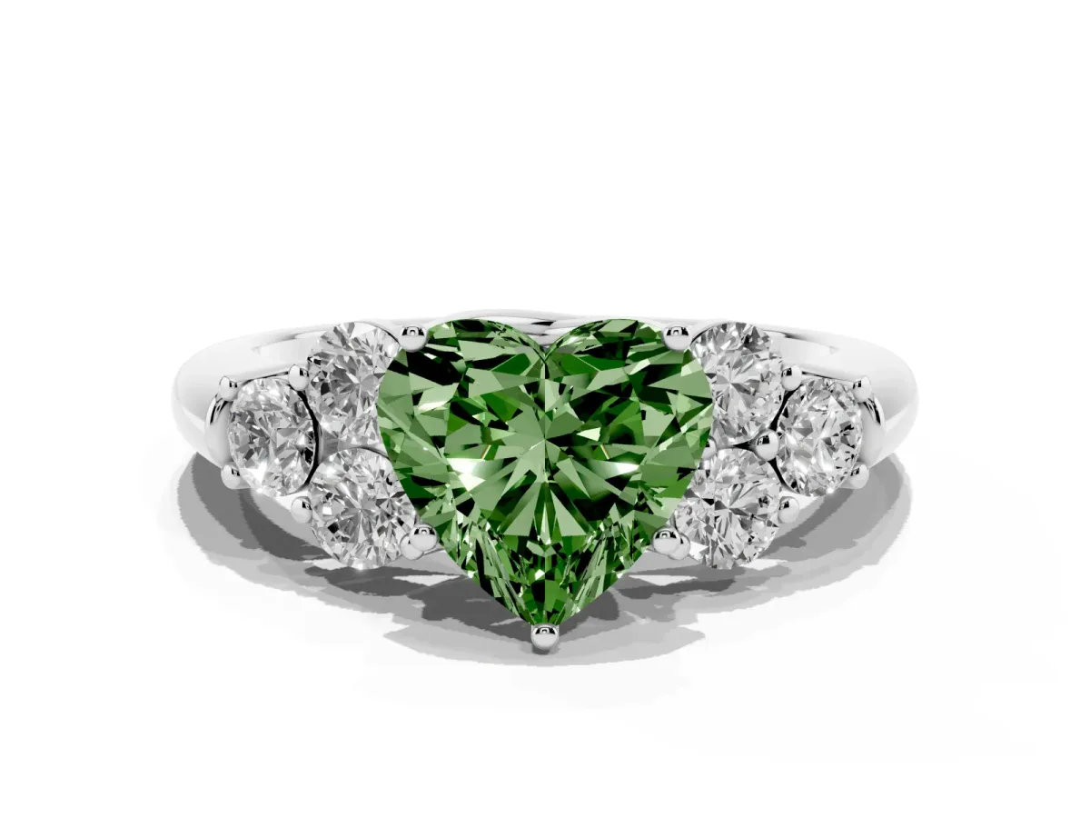 Fancy Green Heart Cut Cut Diamond Cluster Ring with Round Accent Stones and Prong Setting on a Classic Band White gold