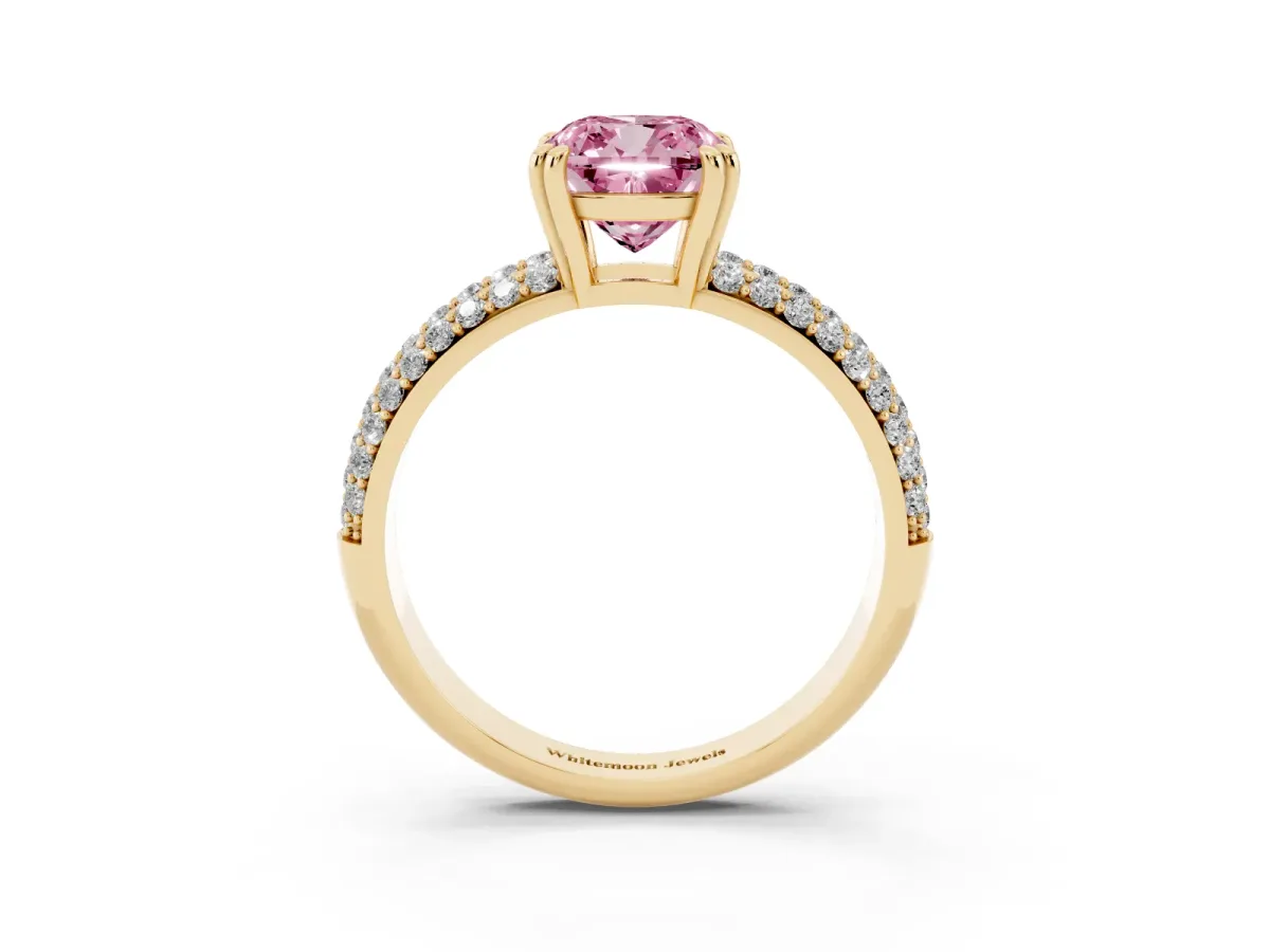 Fancy Pink Cushion Cut Diamond Solitaire Ring with Multi-Row Round Pavé Band and Prong Setting Yellow gold