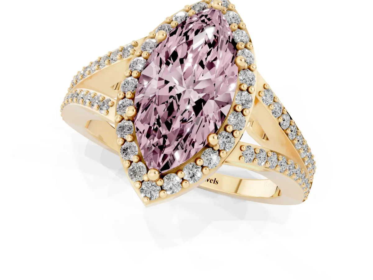 Fancy Pink Marquise Cut Halo Split Shank Pave Diamond Ring with Four-Prong Setting Yellow gold