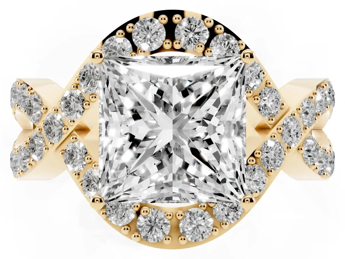 Princess Cut Solitaire Twist Band Pavé Diamond Engagement Ring Yellow gold
