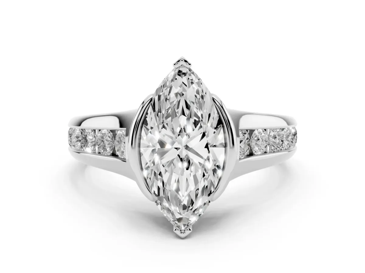 Marquise Cut Solitaire Bezel-Set Diamond Ring with Channel-Set Band Platinum