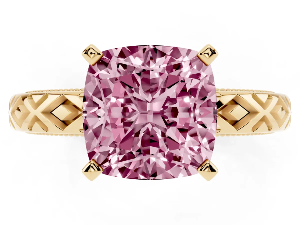 Fancy Pink Cushion Cut Solitaire Diamond Ring with Milgrain and Black Enamel X Pattern Band Yellow gold