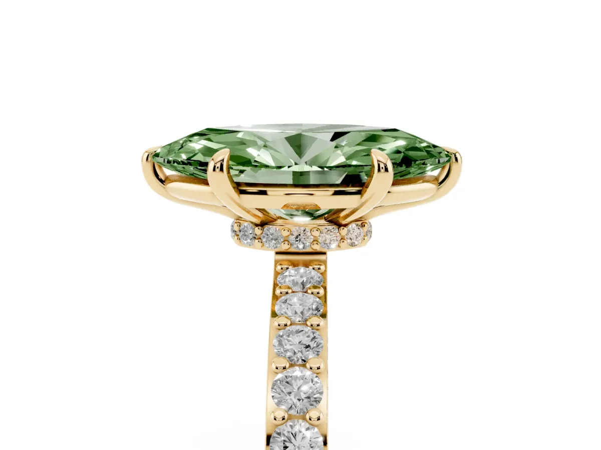 Fancy Green Marquise Cut Diamond Pavé Engagement Ring with Round Accents and Prong Setting Yellow gold
