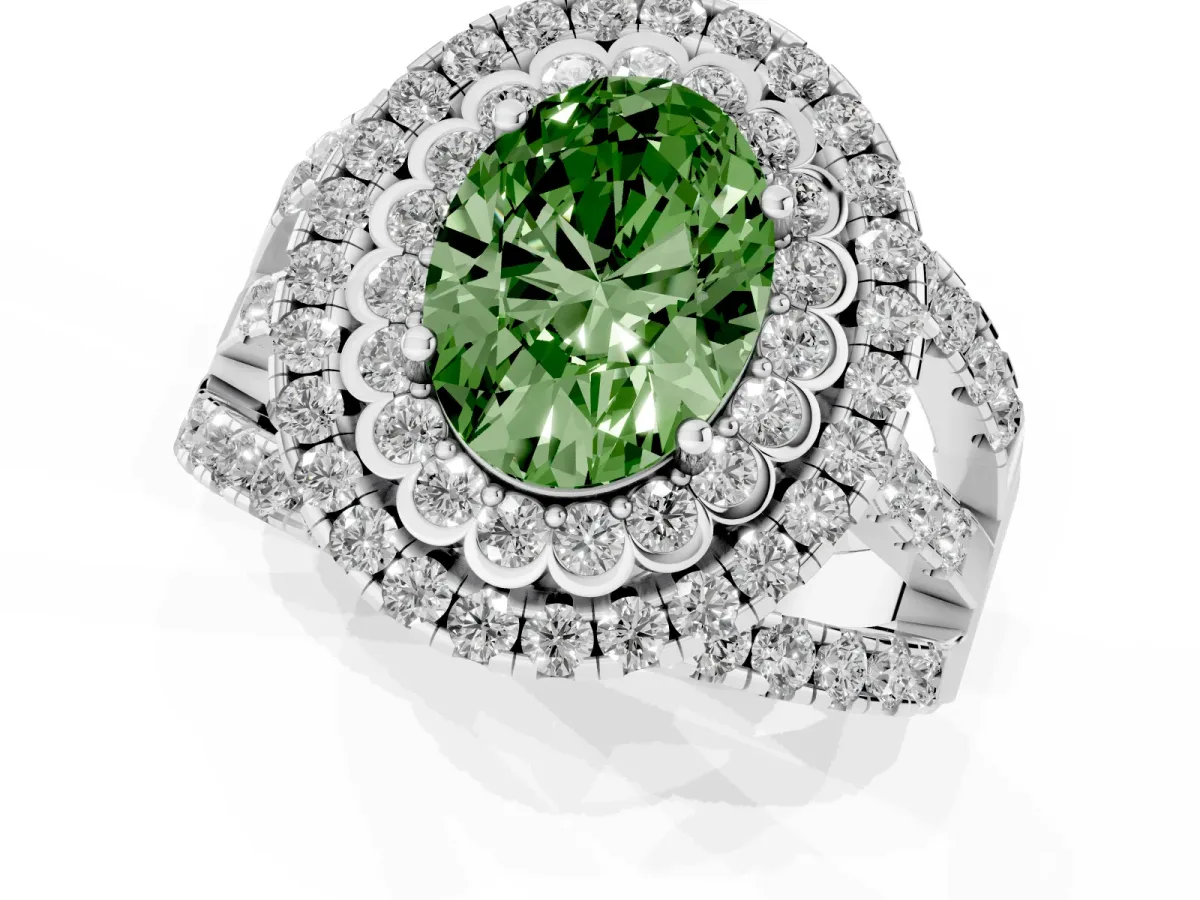 Fancy Green Oval Cut Diamond Double Halo Ring with Round Pavé Split Shank and Prong Setting Silver