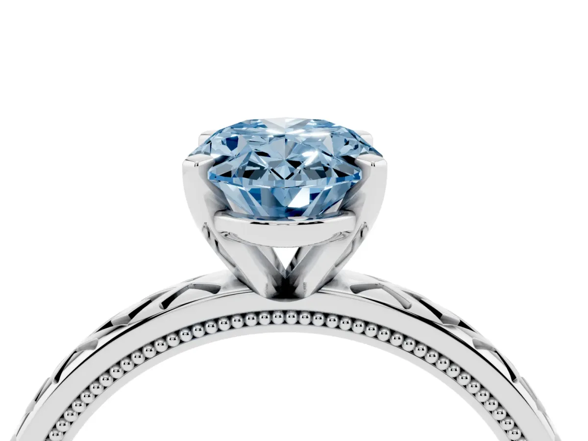 Fancy Blue Oval Cut Solitaire Diamond Ring with Milgrain and Black Enamel X Pattern Band Platinum